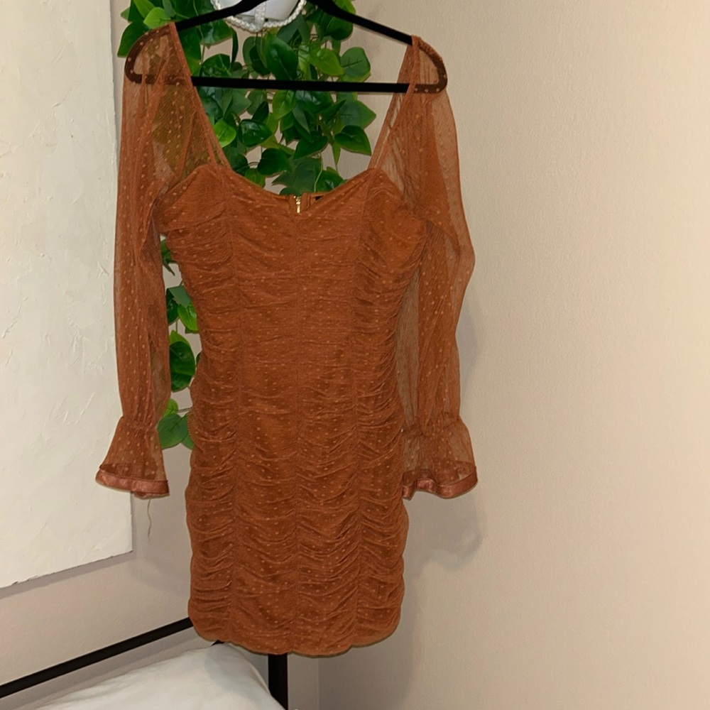 Orange Mesh Sheer Ruched Dress